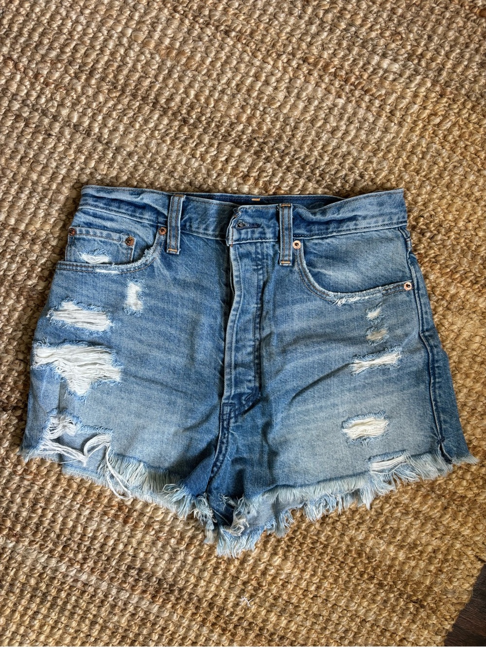 Abercrombie & Fitch Distressed Light Blue Denim Button Up Cutoff Shorts